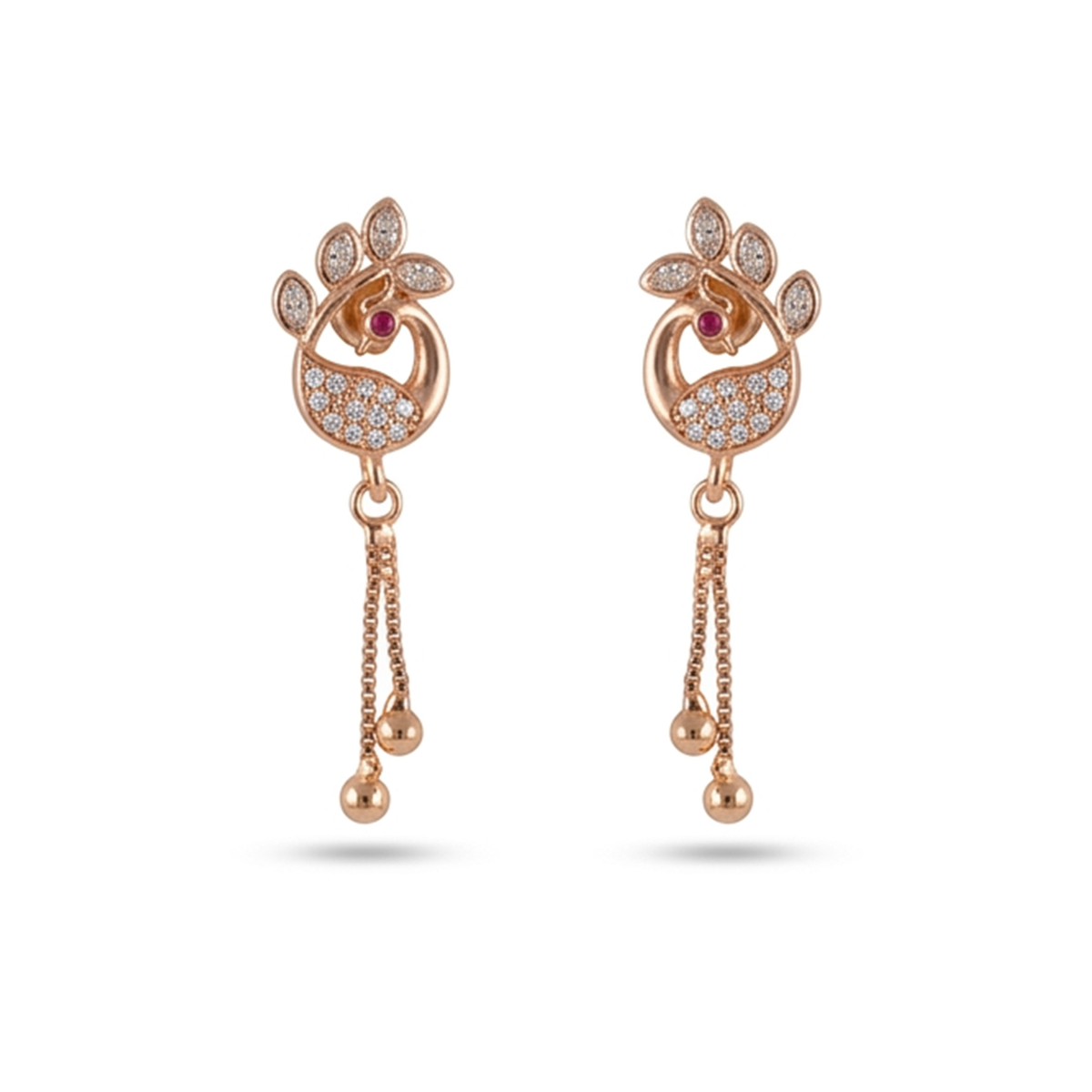 Rose Gold Peacock CZ Stone Dangle Earrings