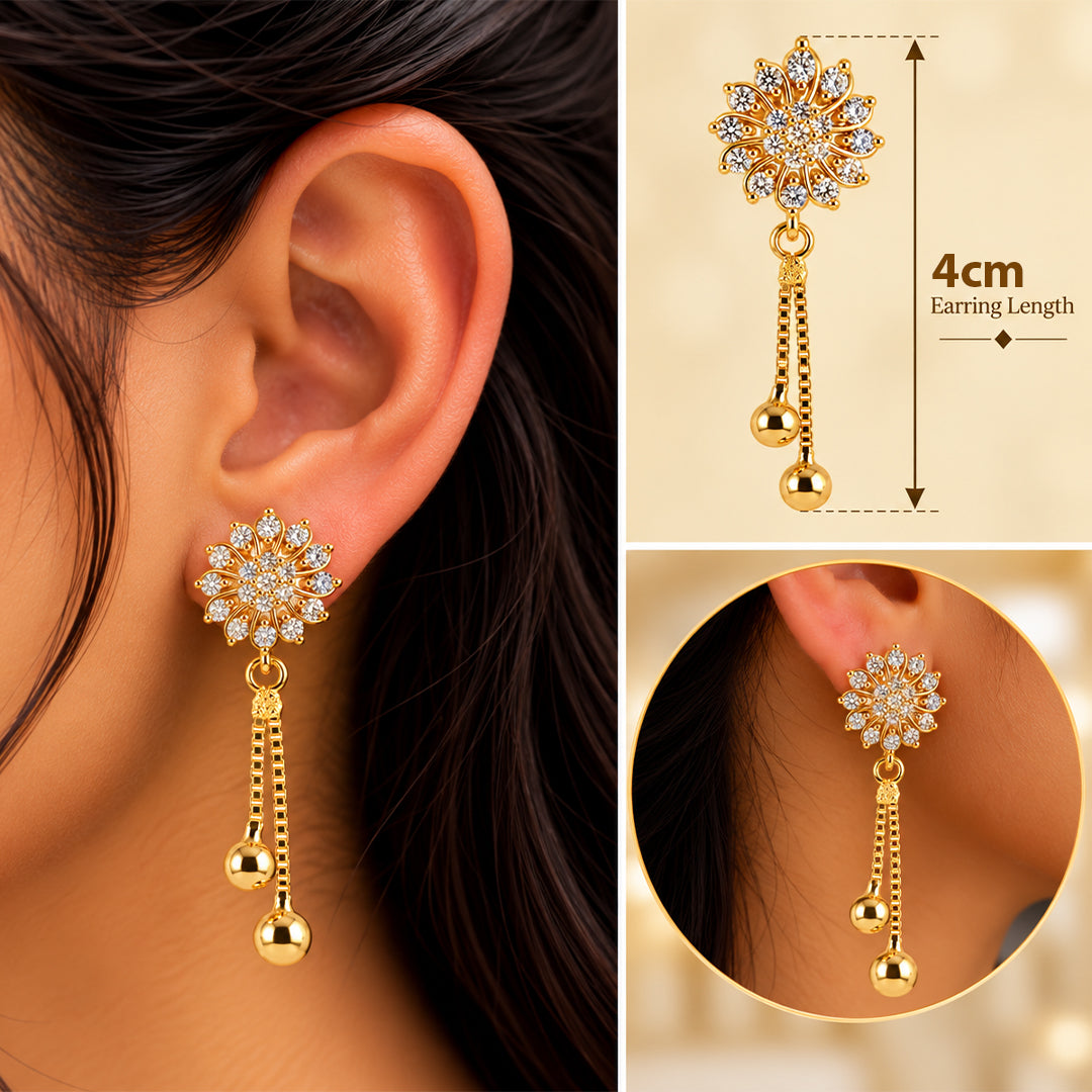 18k Gold Plated Gold Floral Drop Earring on White Background