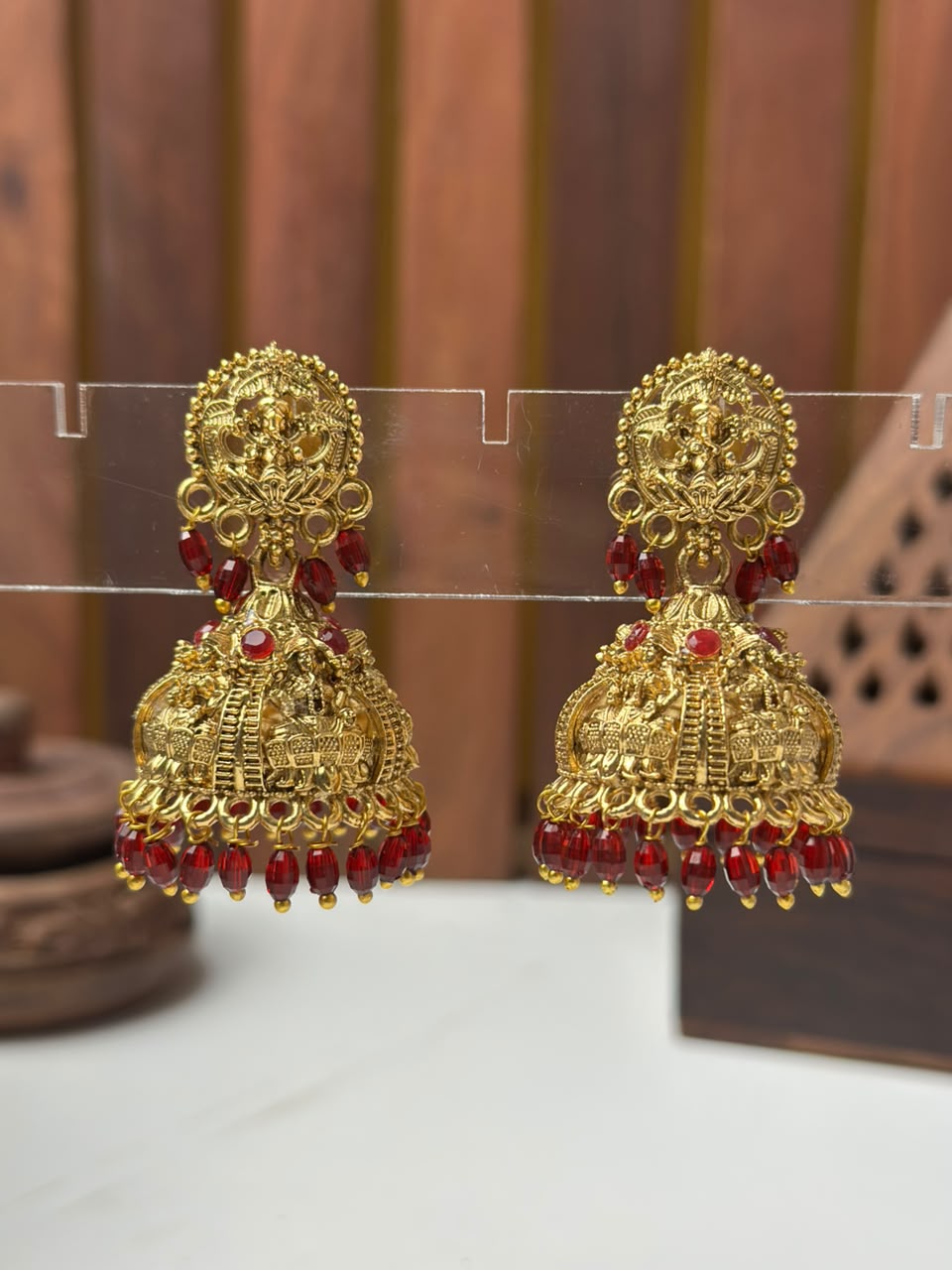 Traditional Lakshmi Temple Jhumki Earrings with Red Beads for Women Online India | BhargavArts