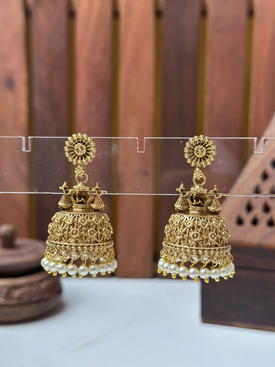 Elegant Matte Gold Temple Jhumki Earrings for Women Online India | BhargavArts