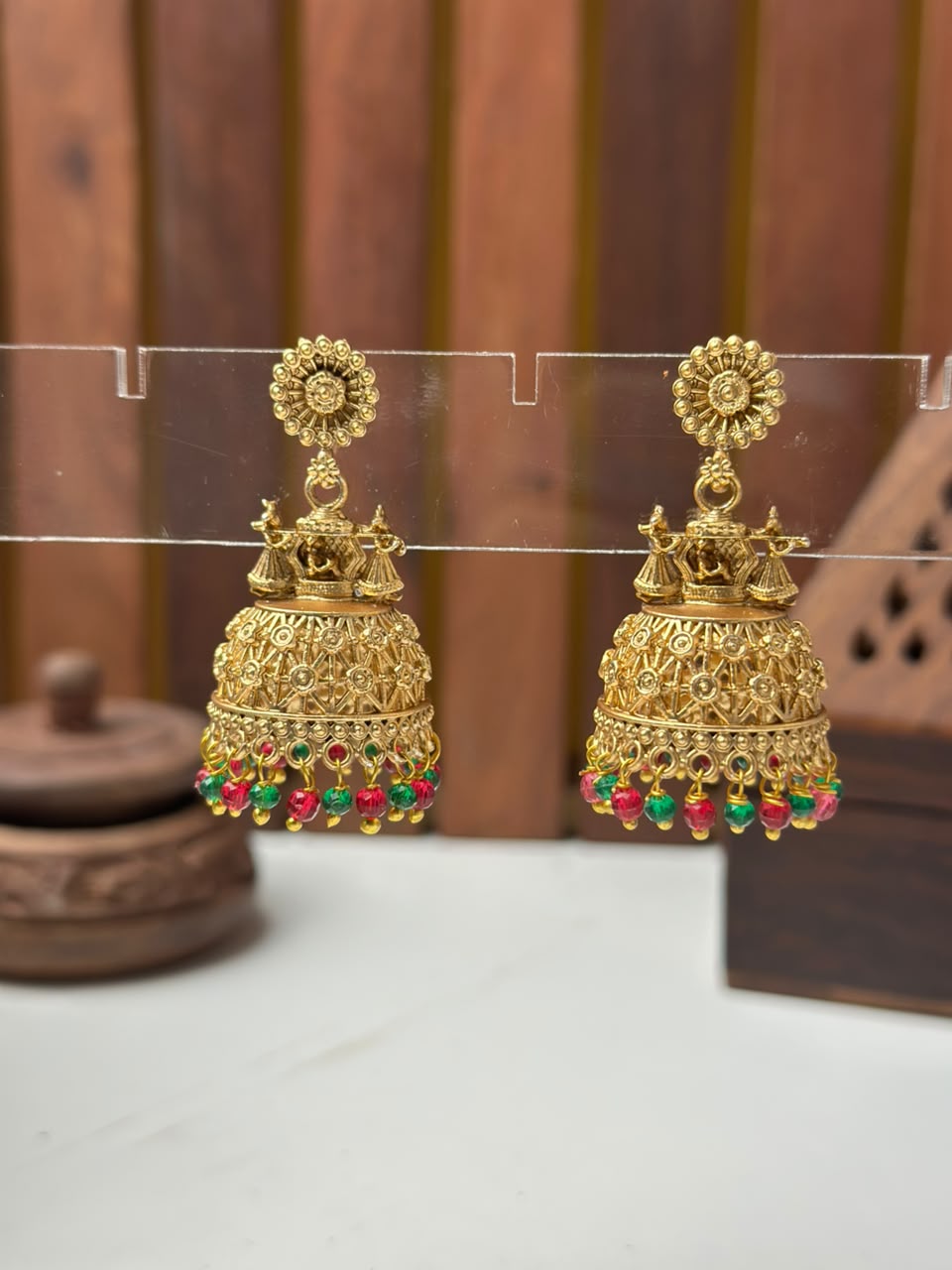 Elegant Matte Gold Temple Jhumki Earrings with Multicolor Beads for Women Online India | BhargavArts