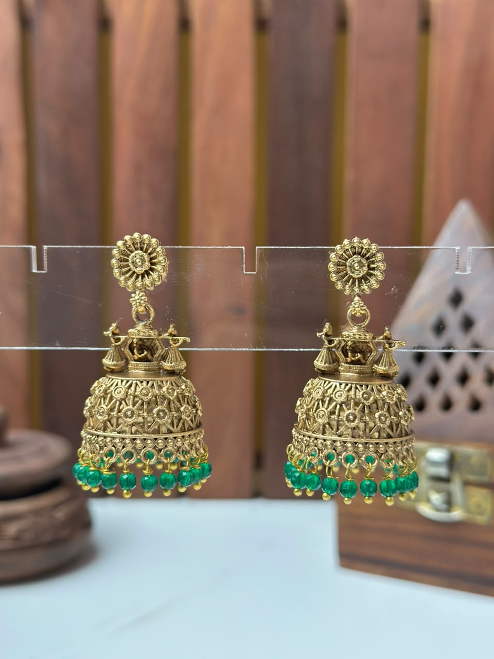 Elegant Matte Gold Temple Jhumki Earrings with Green Beads for Women Online India | BhargavArts