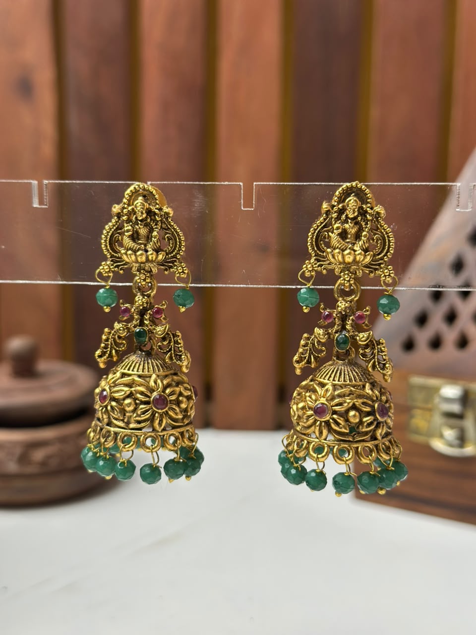 Divine Temple Jhumki Earrings with Green Stones