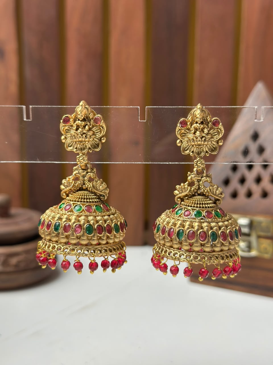 Antique Temple Jhumki Earrings with Red Stones