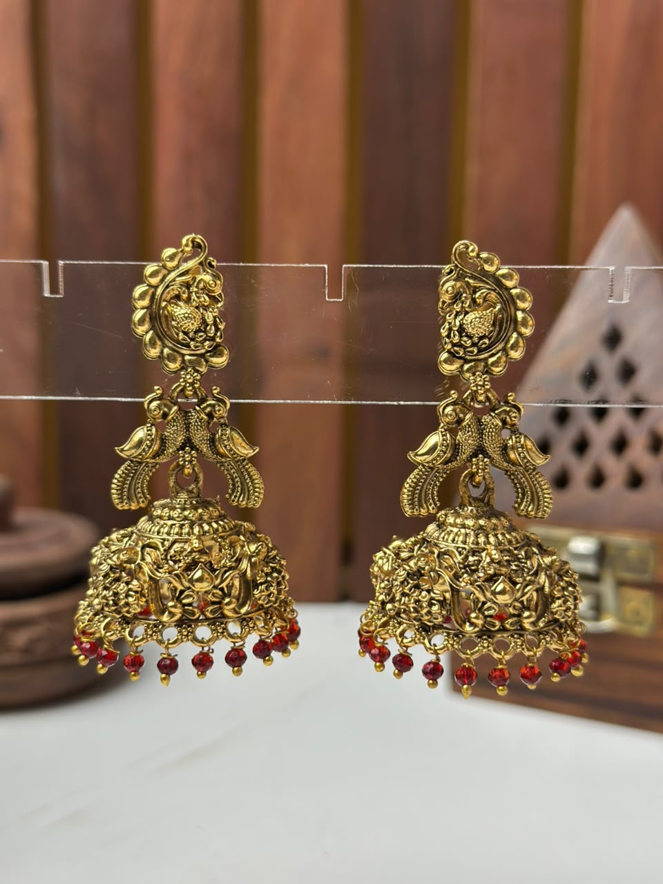 Peacock & Temple Jhumki Earrings with Red Stones