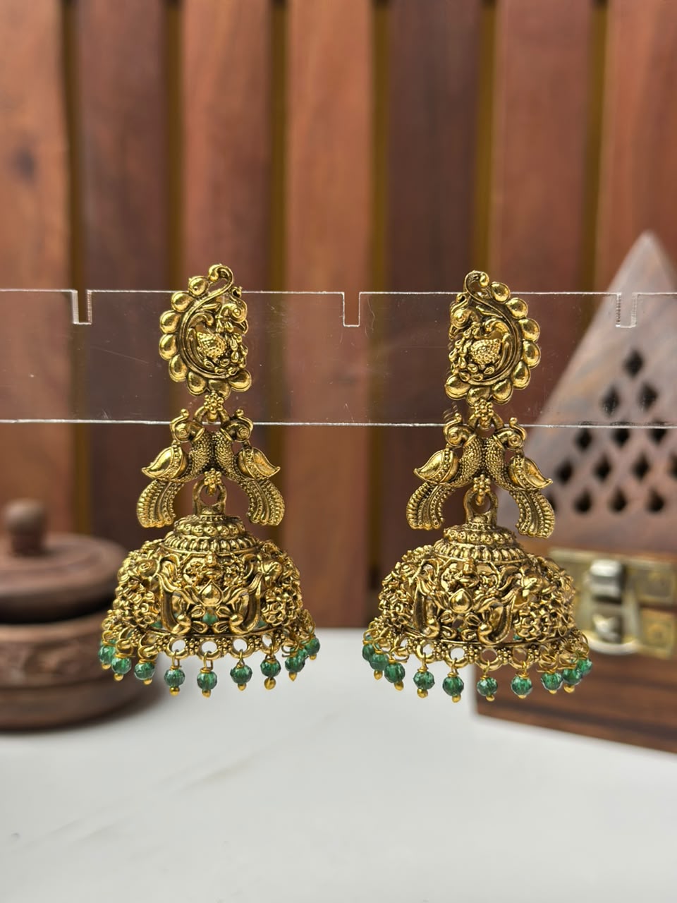 Peacock & Temple Jhumki Earrings with Green Beads