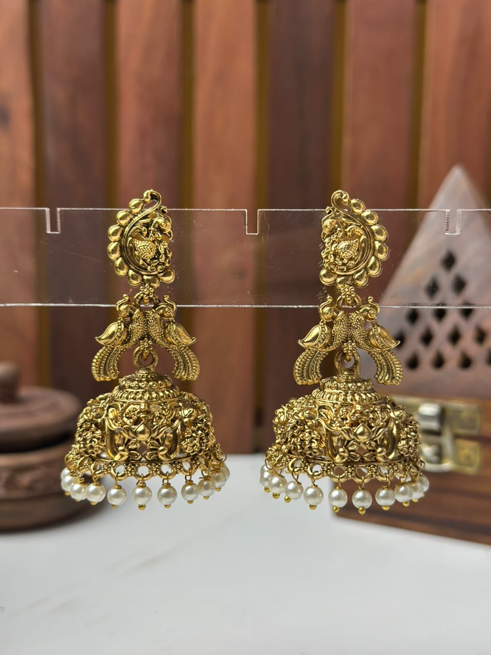 Peacock & Temple Jhumki Earrings with White Pearl Beads