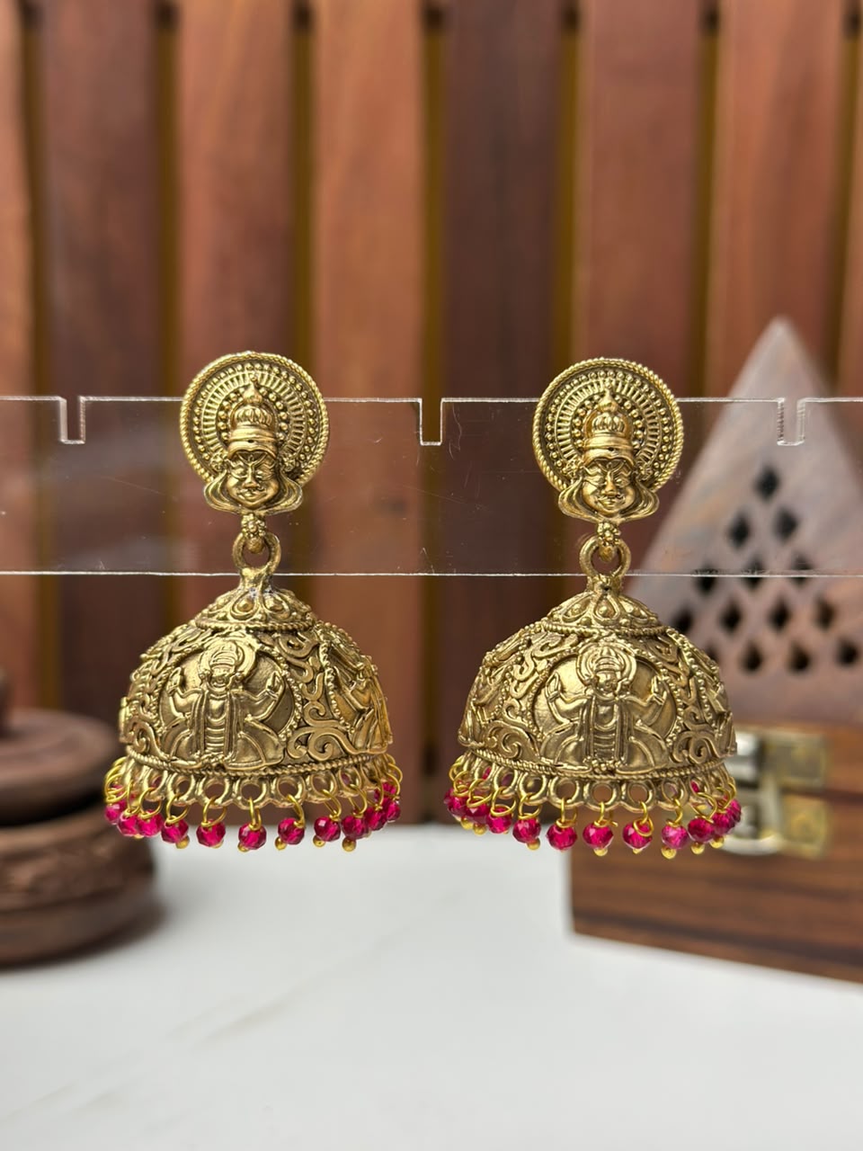 Gold Kerala Traditional Kathakali Jhumka Earrings with Red Beads