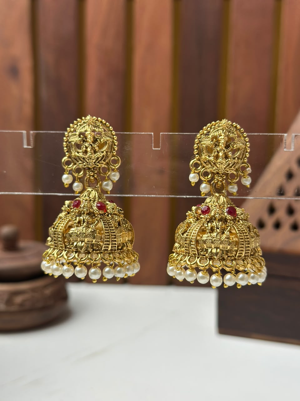 Traditional Lakshmi Temple Jhumki Earrings with White Beads for Women Online India | BhargavArts