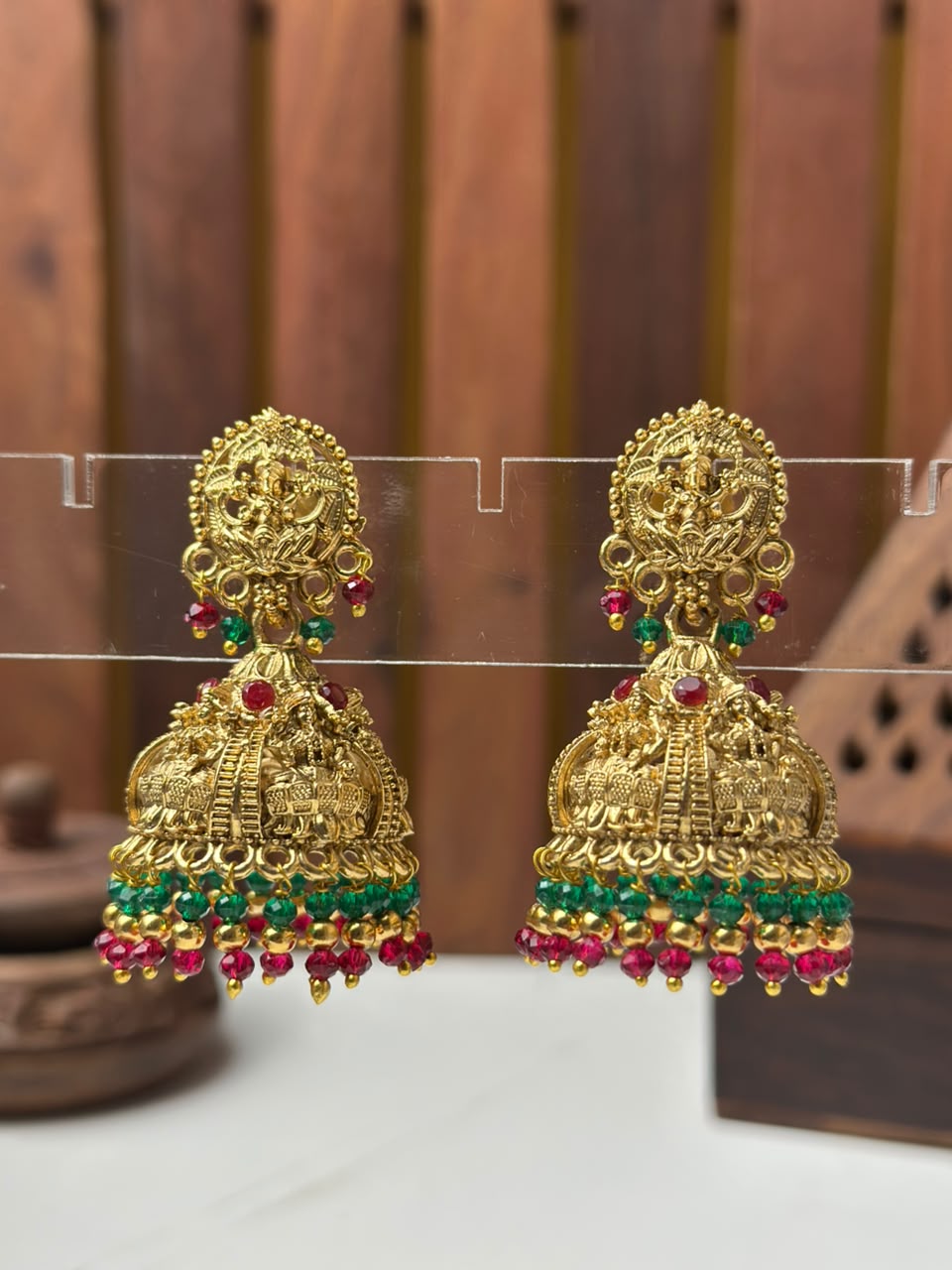 Traditional Lakshmi Temple Jhumki Earrings with Red Green Beads for Women Online India | BhargavArts