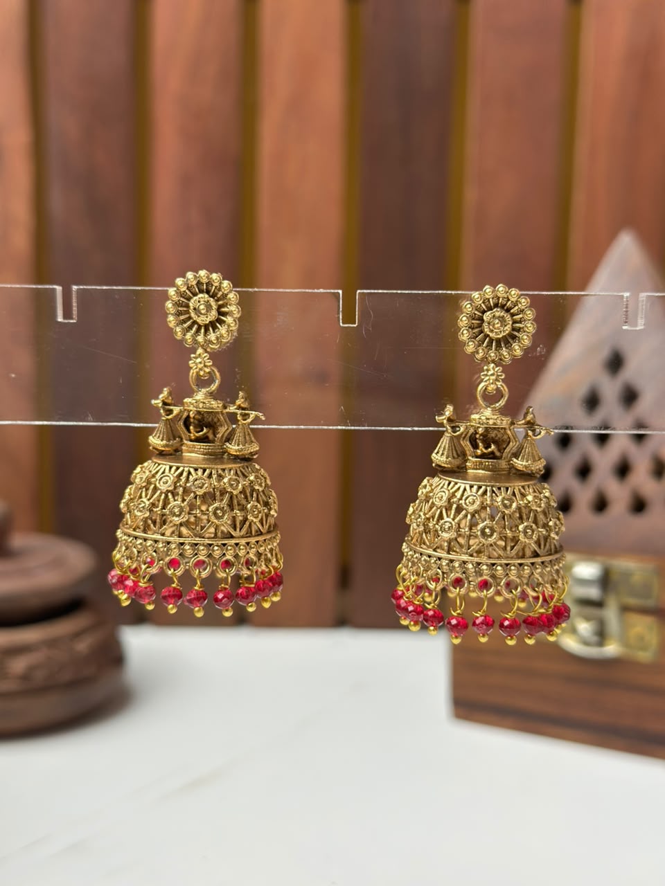 Elegant Matte Gold Temple Jhumki Earrings with Red Beads for Women Online India | BhargavArts