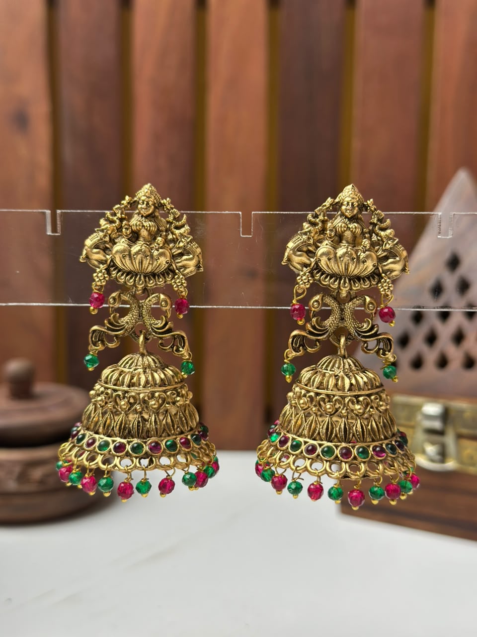 Classic South Indian Jhumki Earrings with Red and Green Stones