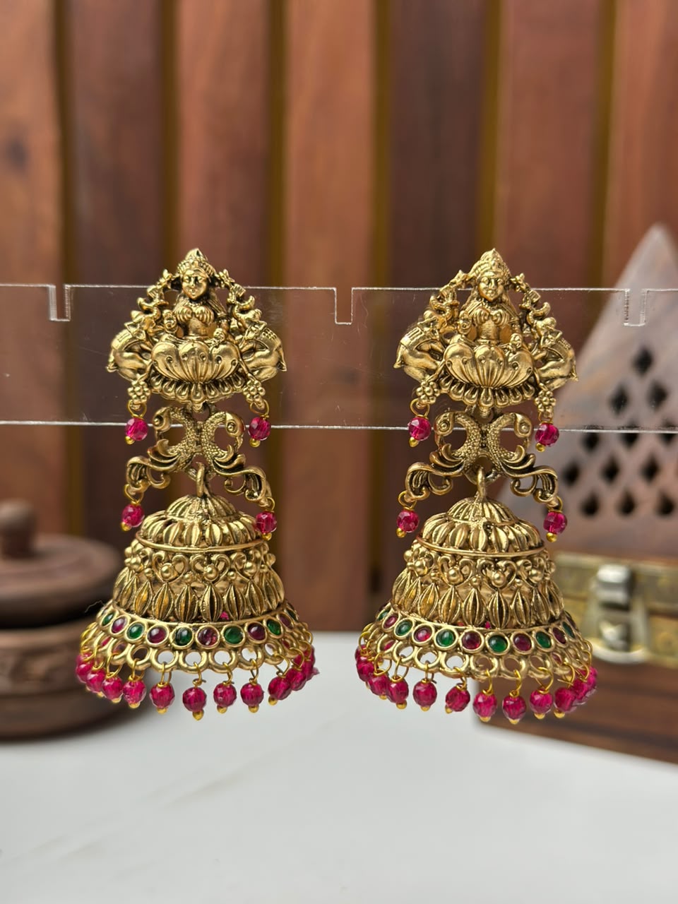 Classic South Indian Jhumki Earrings with Red Stones