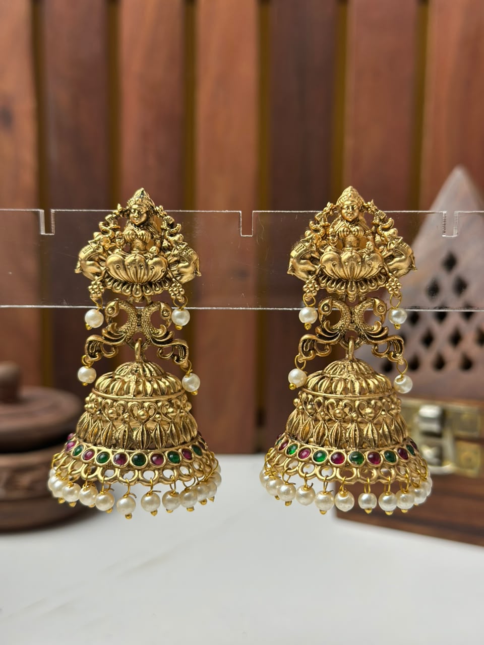 Classic South Indian Jhumki Earrings with White Pearl Beads