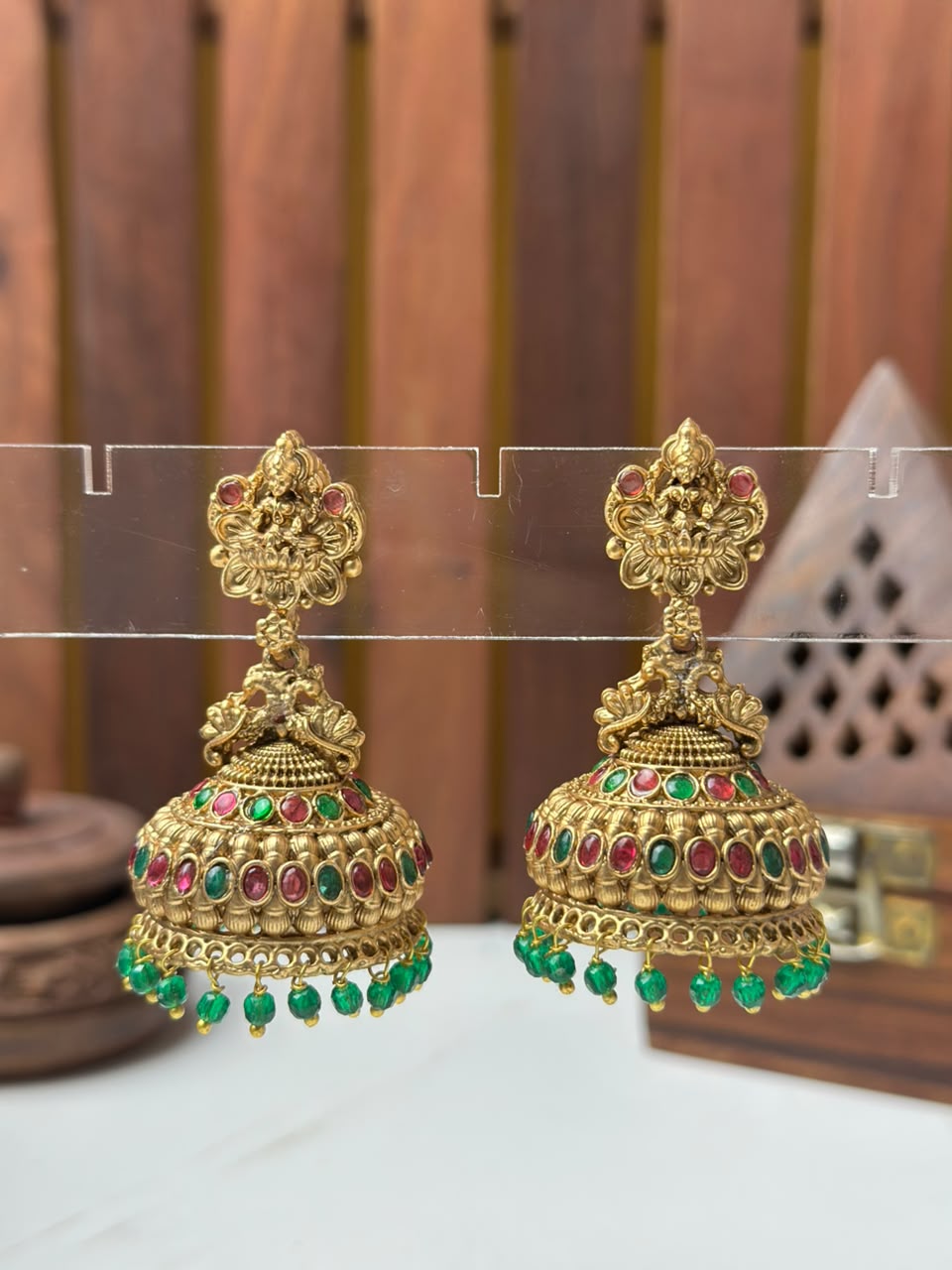Antique Temple Jhumki Earrings with Green Stones