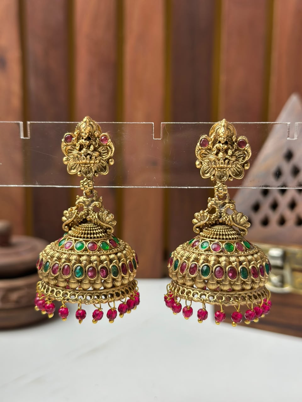 Antique Temple Jhumki Earrings with Red Stones