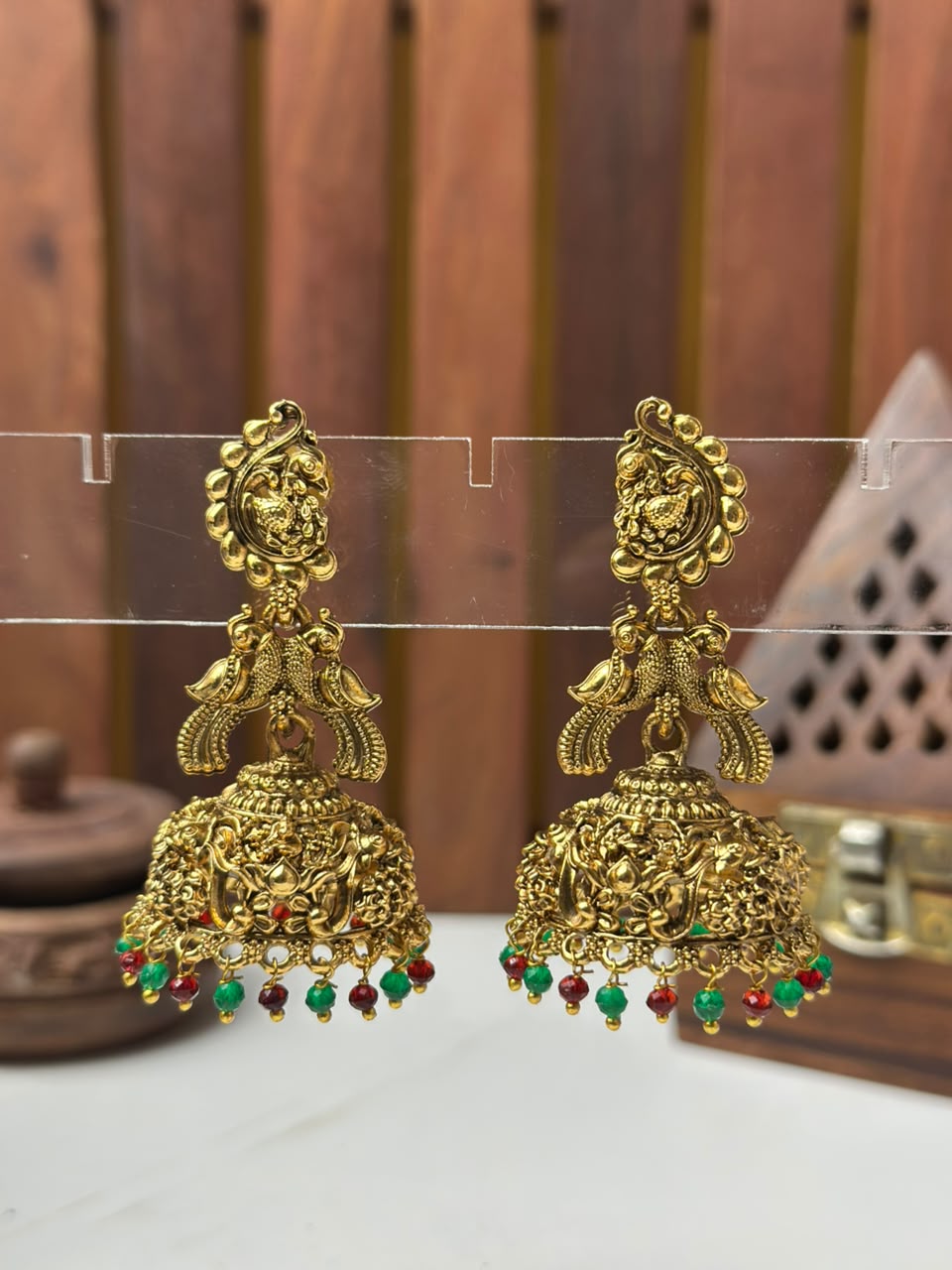 Peacock & Temple Jhumki Earrings with Red and Green Stones