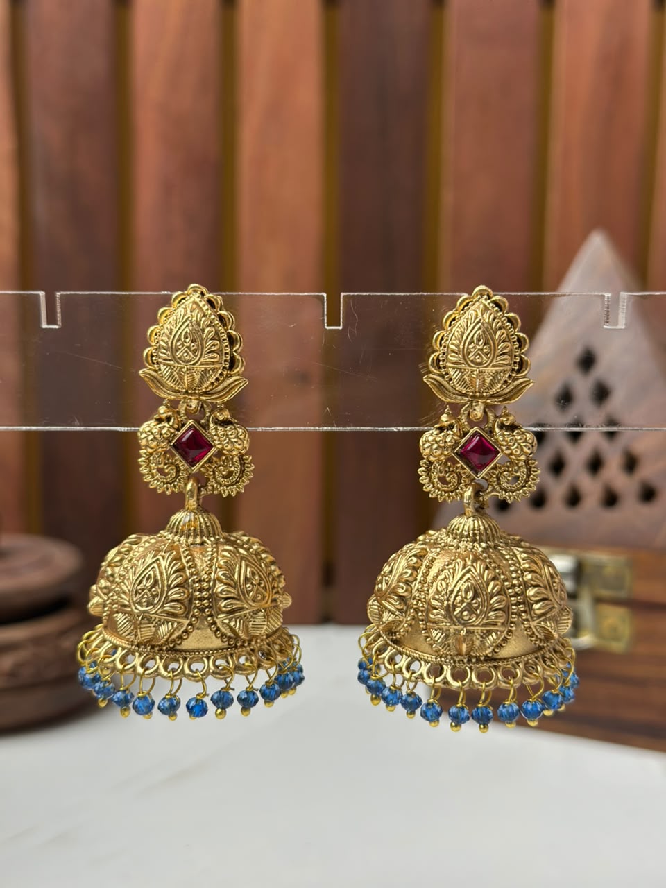 Designer Gold-Plated Temple Jhumki Earrings with Blue Bead Drops