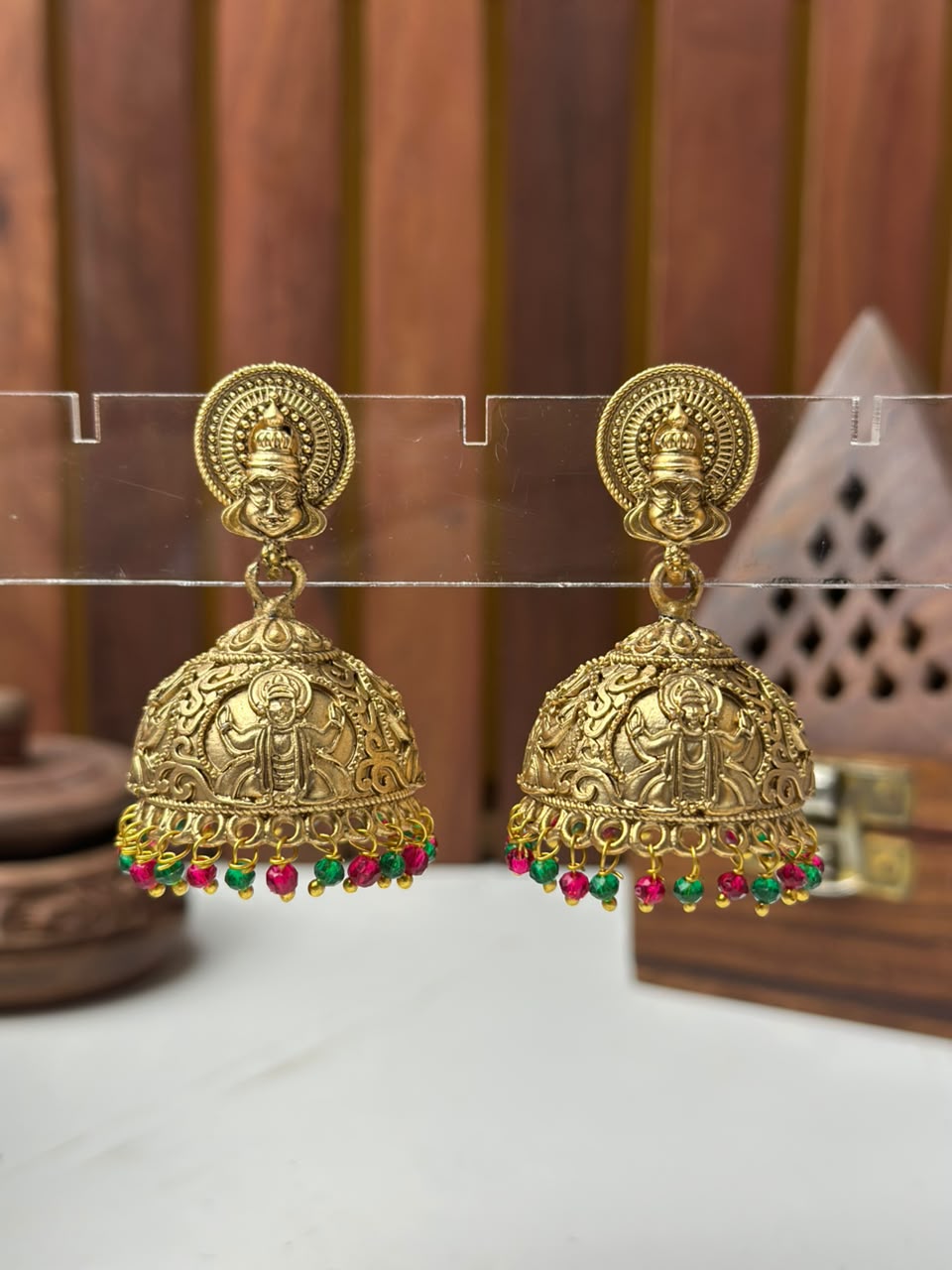Gold Kerala Traditional Kathakali Jhumka Earrings with Red and Green Beads