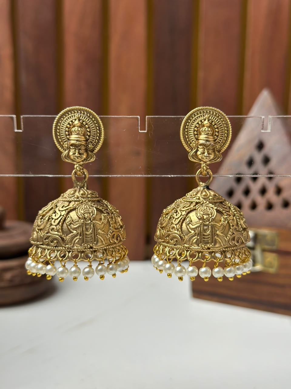 Gold Kerala Traditional Kathakali Jhumka Earrings with White Beads