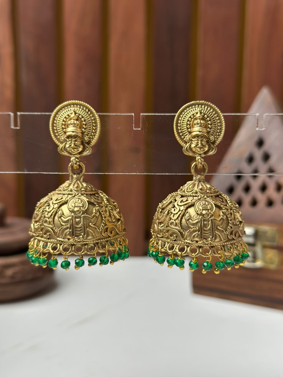 Gold Kerala Traditional Kathakali Jhumka Earrings with Green Beads