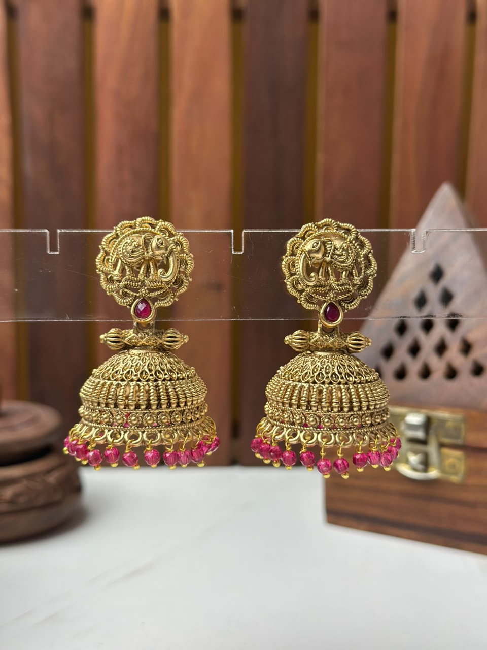 Traditional South Indian Elephant Jhumka Earrings with Red Beads