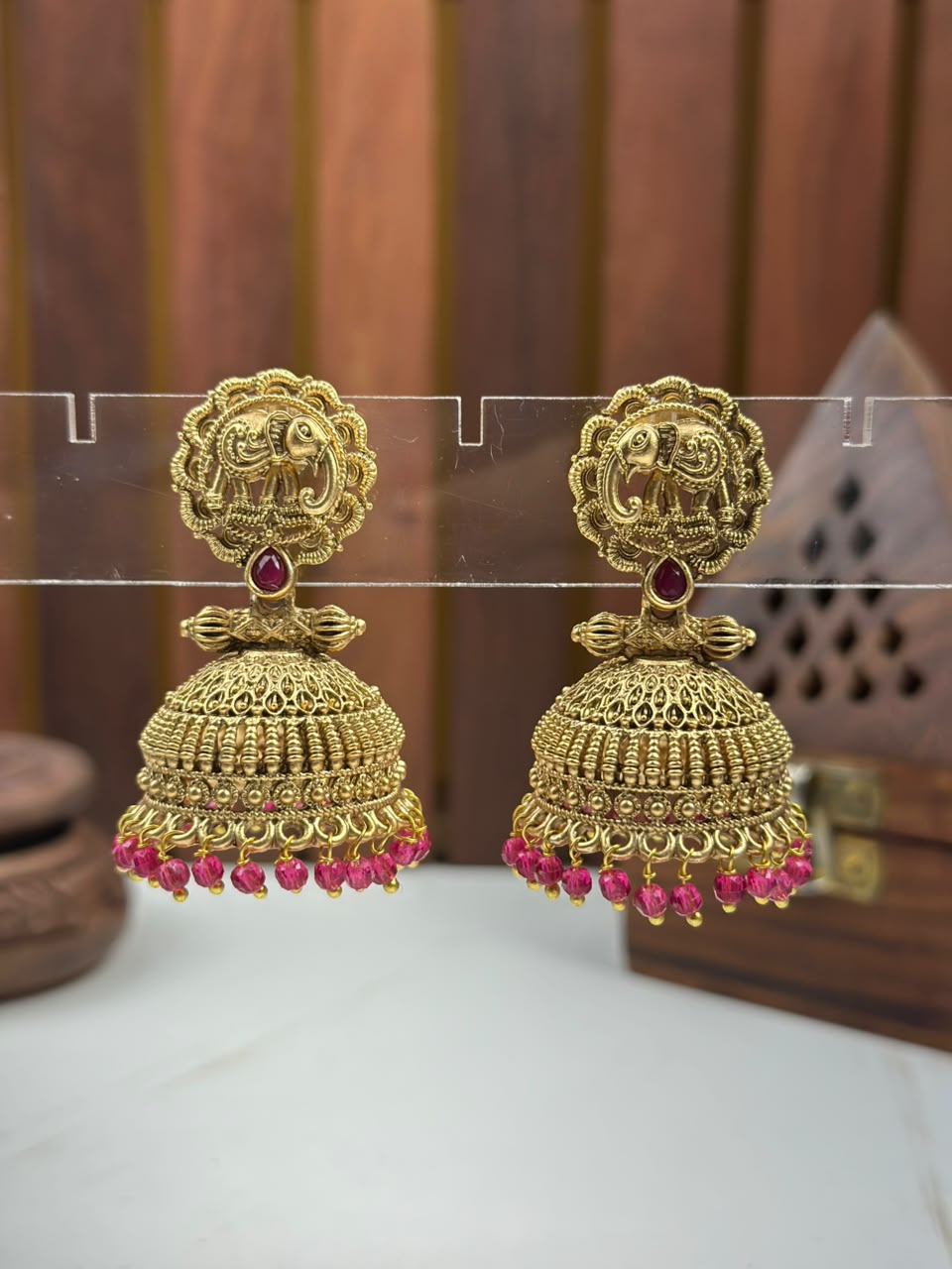 Traditional South Indian Elephant Jhumka Earrings with Ruby-Red Beads