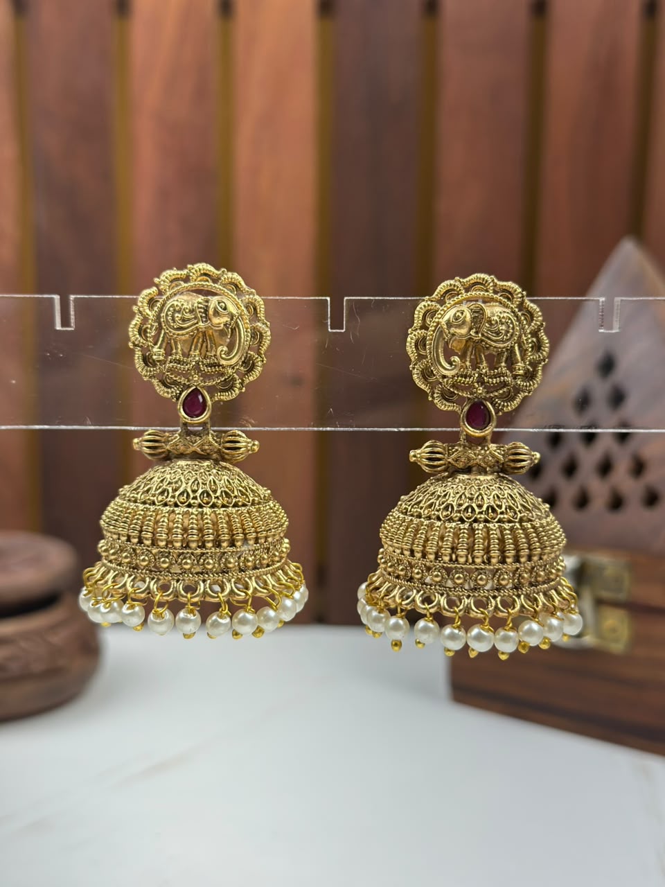 Traditional South Indian Elephant Jhumka Earrings with White Beads