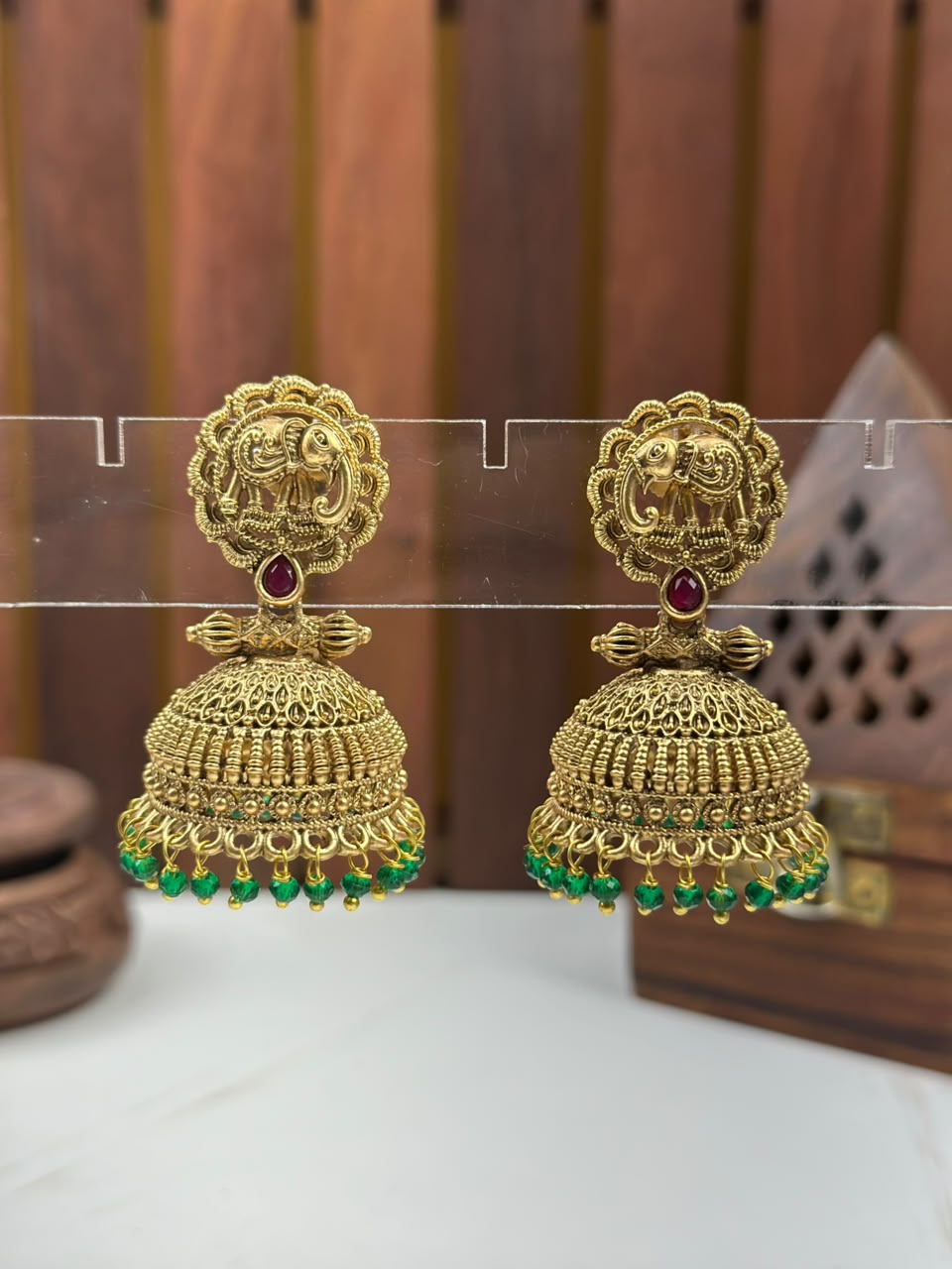 Traditional South Indian Elephant Jhumka Earrings with Green Bead Drops
