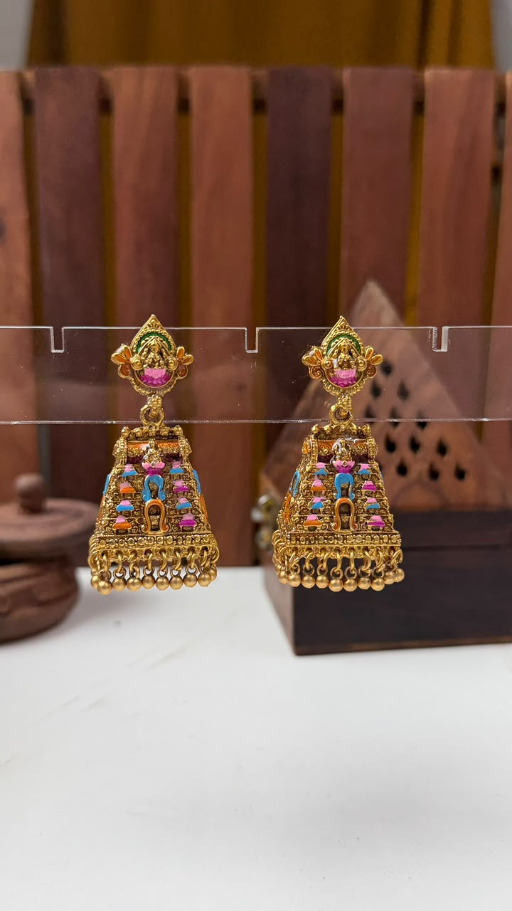 Premium Gopuram Temple Jhumki Earrings with Meenakari Work