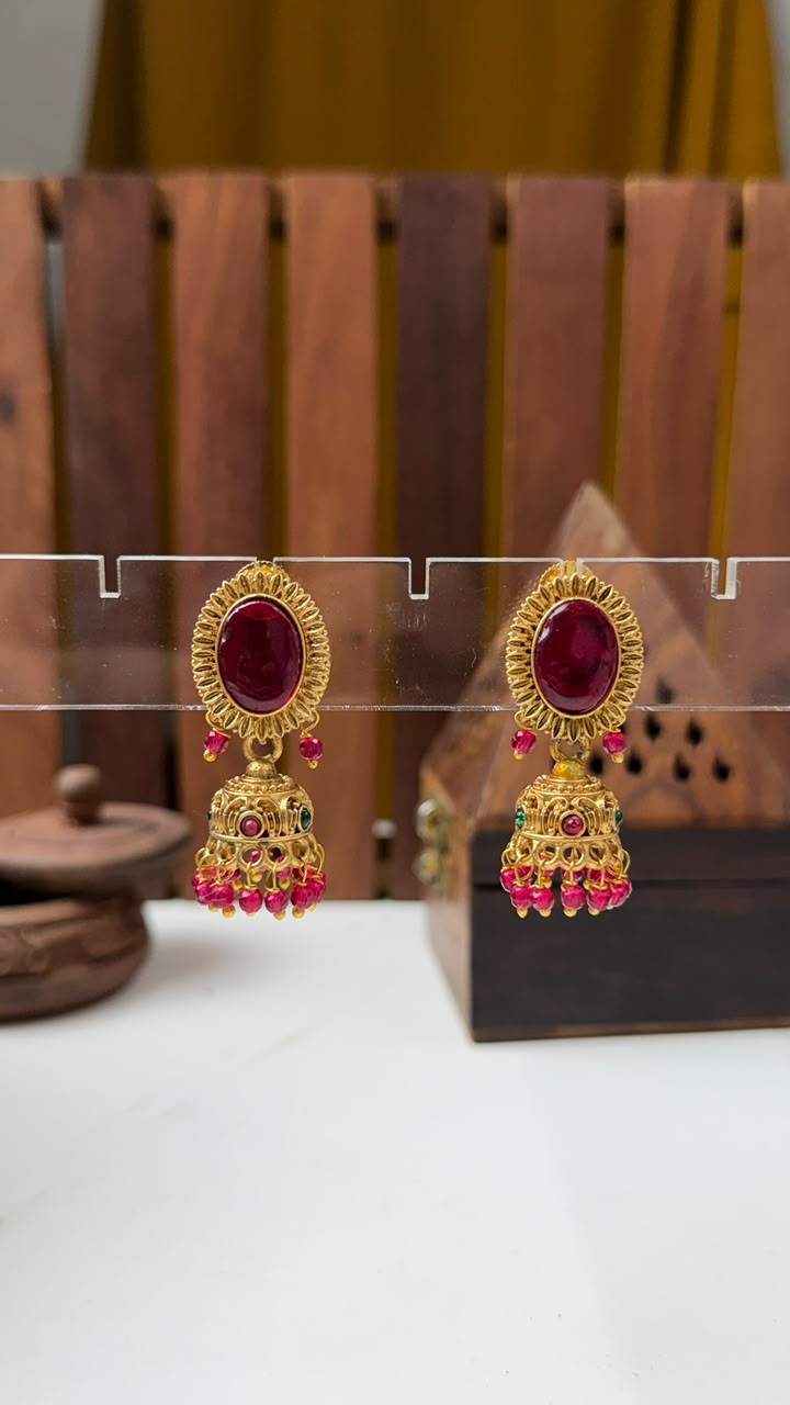 Twinkling Elegant Jhumki with Red Stones for Women Online India | BhargavArts