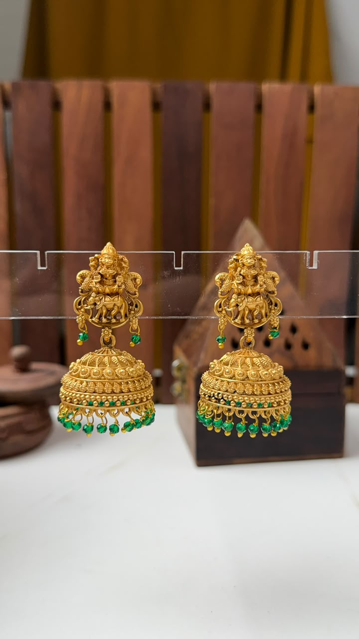 Lakshmi Premium Gold Jhumka with Green Beads for Women Online India | BhargavArts