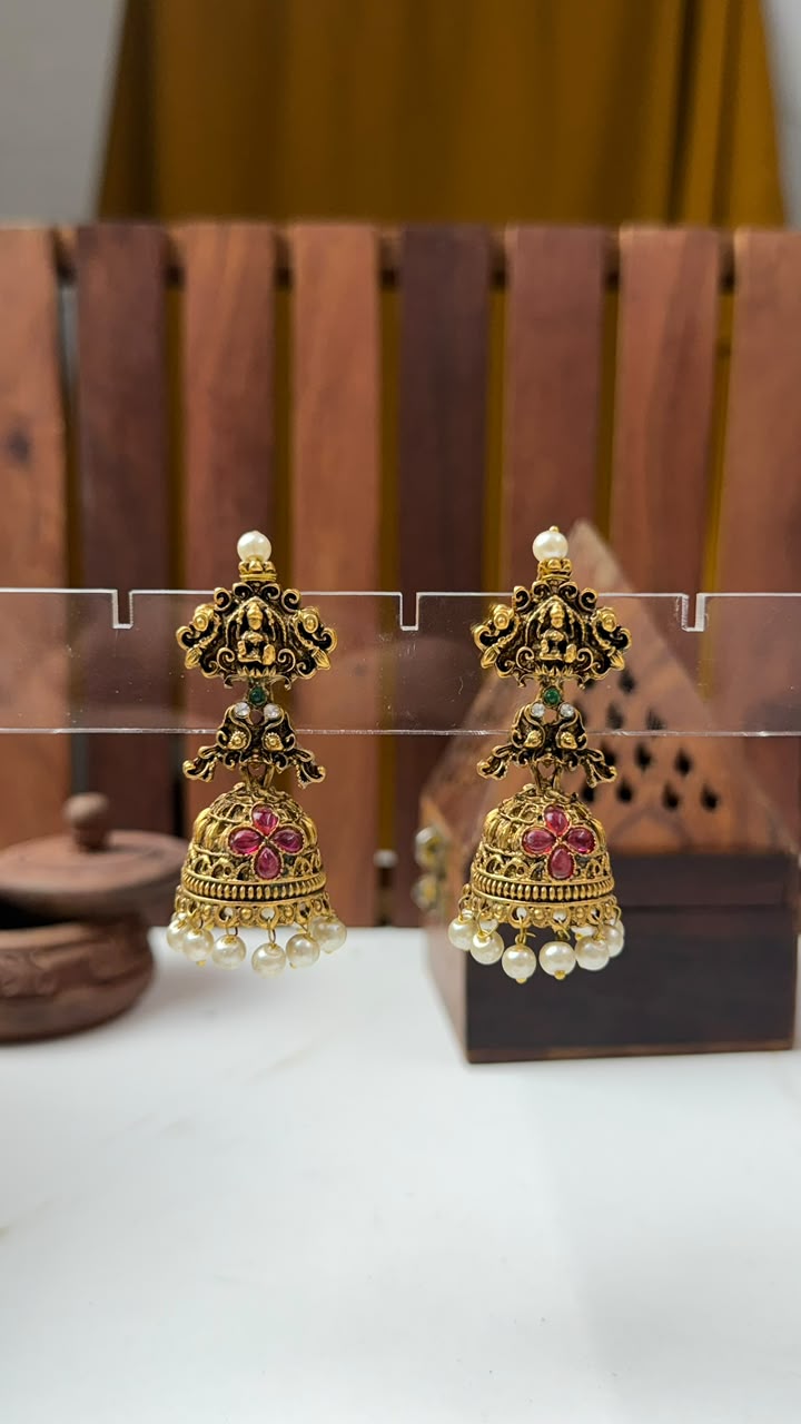 Elegant Temple Design Lakshmi Jhumka Earrings with Red, Green and White Stones