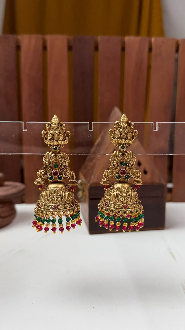 Matte-Finish Goddess Lakshmi Temple Jhumka Earrings with Multicolor Stones